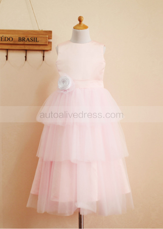 Blush Pink Satin Tutu Tulle Tea Length Flower Girl Dress